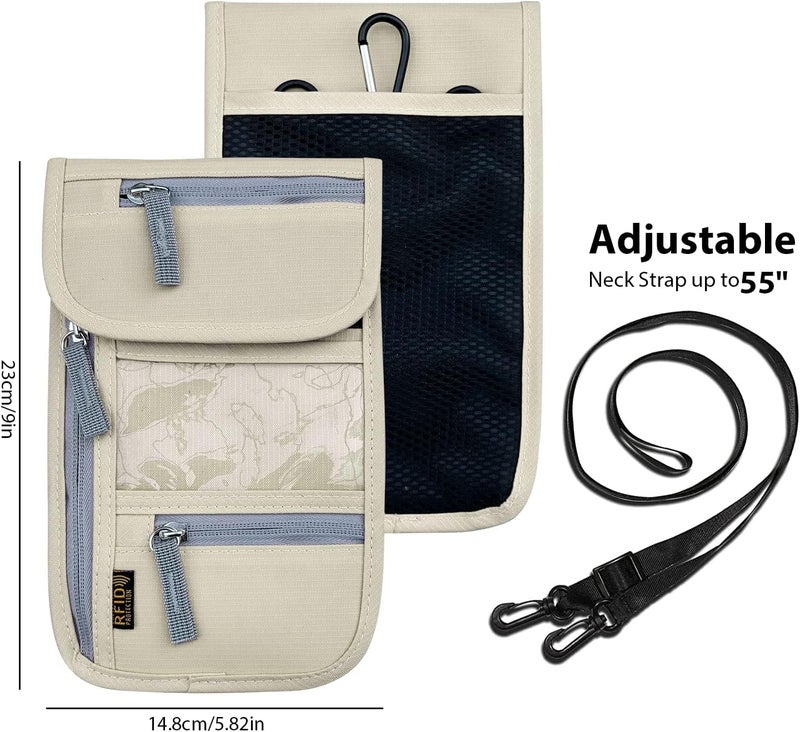 Jonyee Travel Neck Wallet, RFID Blocking Passport Holder with Adjustable Neck Strap for Men and Women to Keep Cash, Credit Cards and Travel Documents Safe - Beige - Image 2